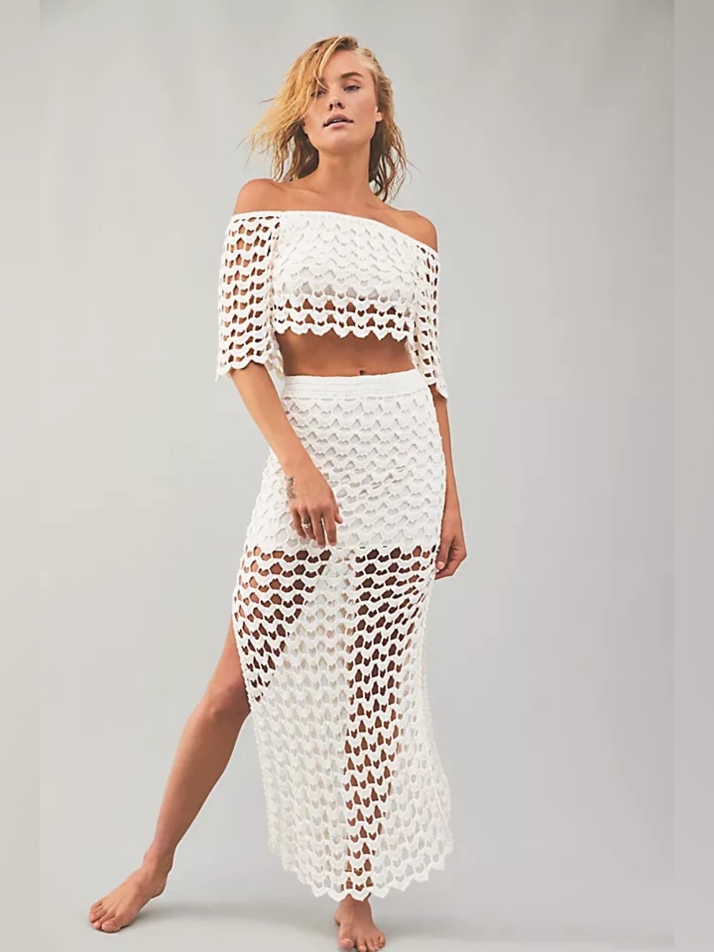 Free People White Crochet Off-Shoulder Skirt Set